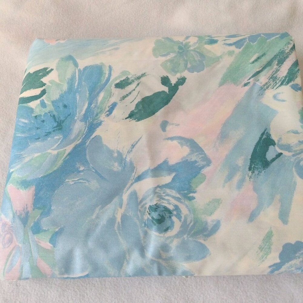 Vintage 80s Blue Floral Coated Cotton 92" X 3 Yd Metallic Home Dec Chintz Fabric